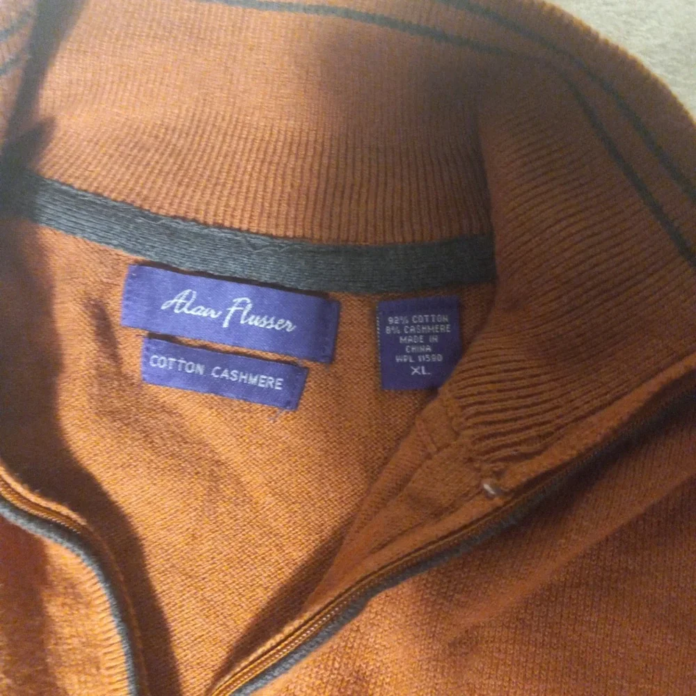Alan Flusser Mens COTTON Cashmere 1/4 Zip Pullover Sweater RUST BROWN X-LARGE